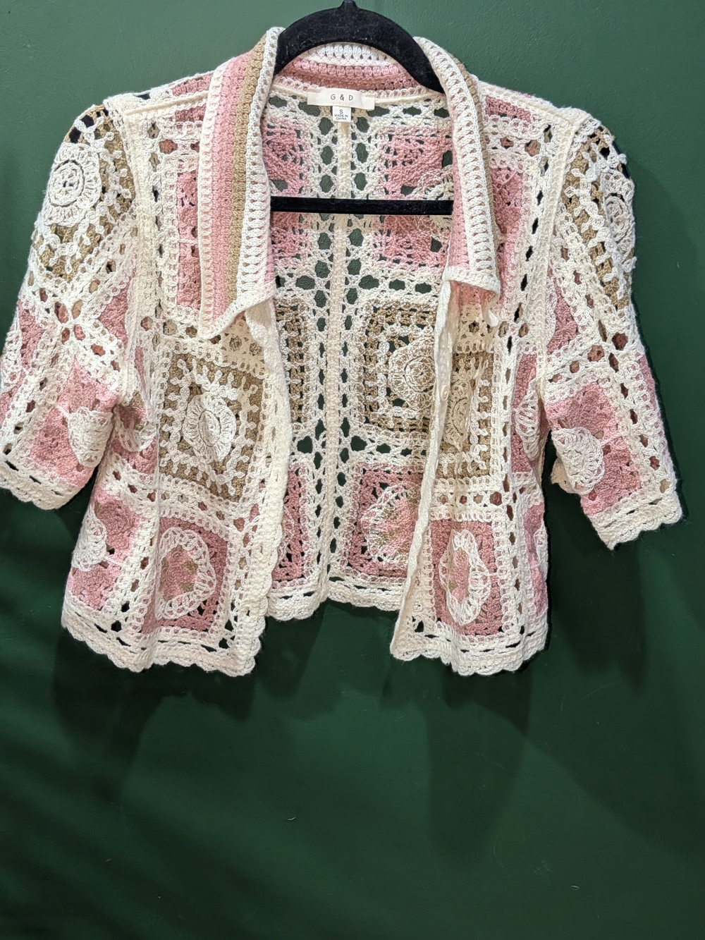 Pink & Cream Crochet Short-Sleeve Cardigan Sweater
